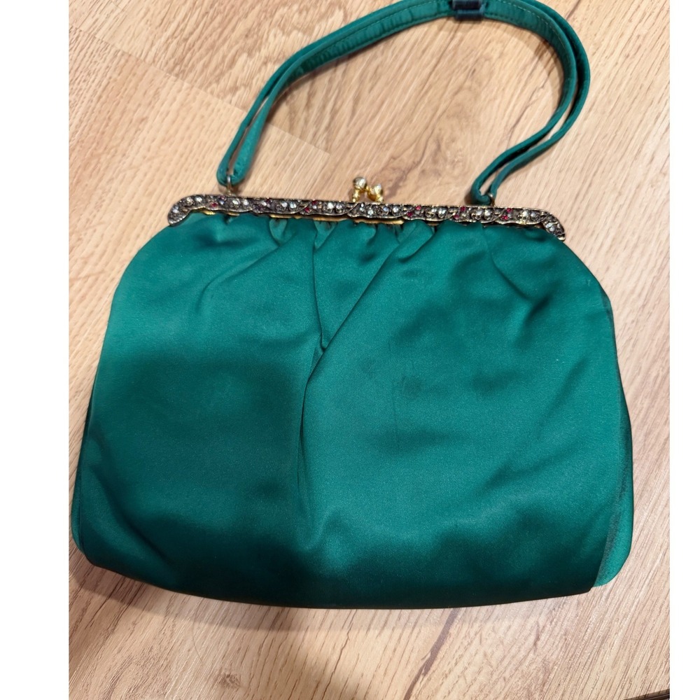 VTG HL USA Emerald Green Satin Evening Bag Rhinestone Kiss Lock Clutch Prom